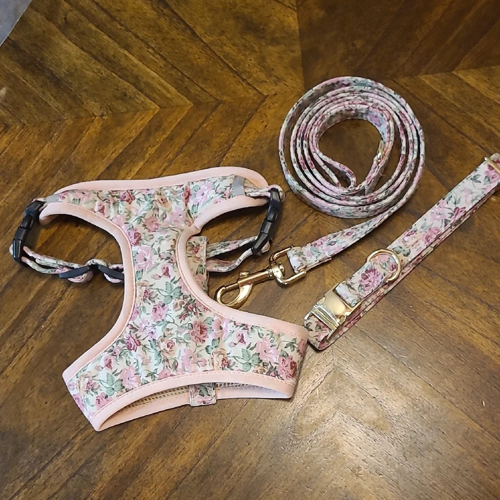 Floral Dog Harness Collar and Leash Set